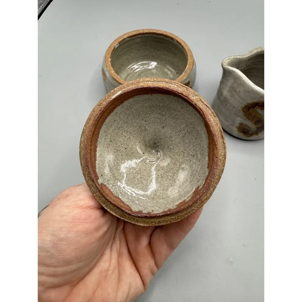 Vtg Studio Pottery Sugar Creamer Set Rustic Stoneware Boho‎ Farmhouse Kitchen